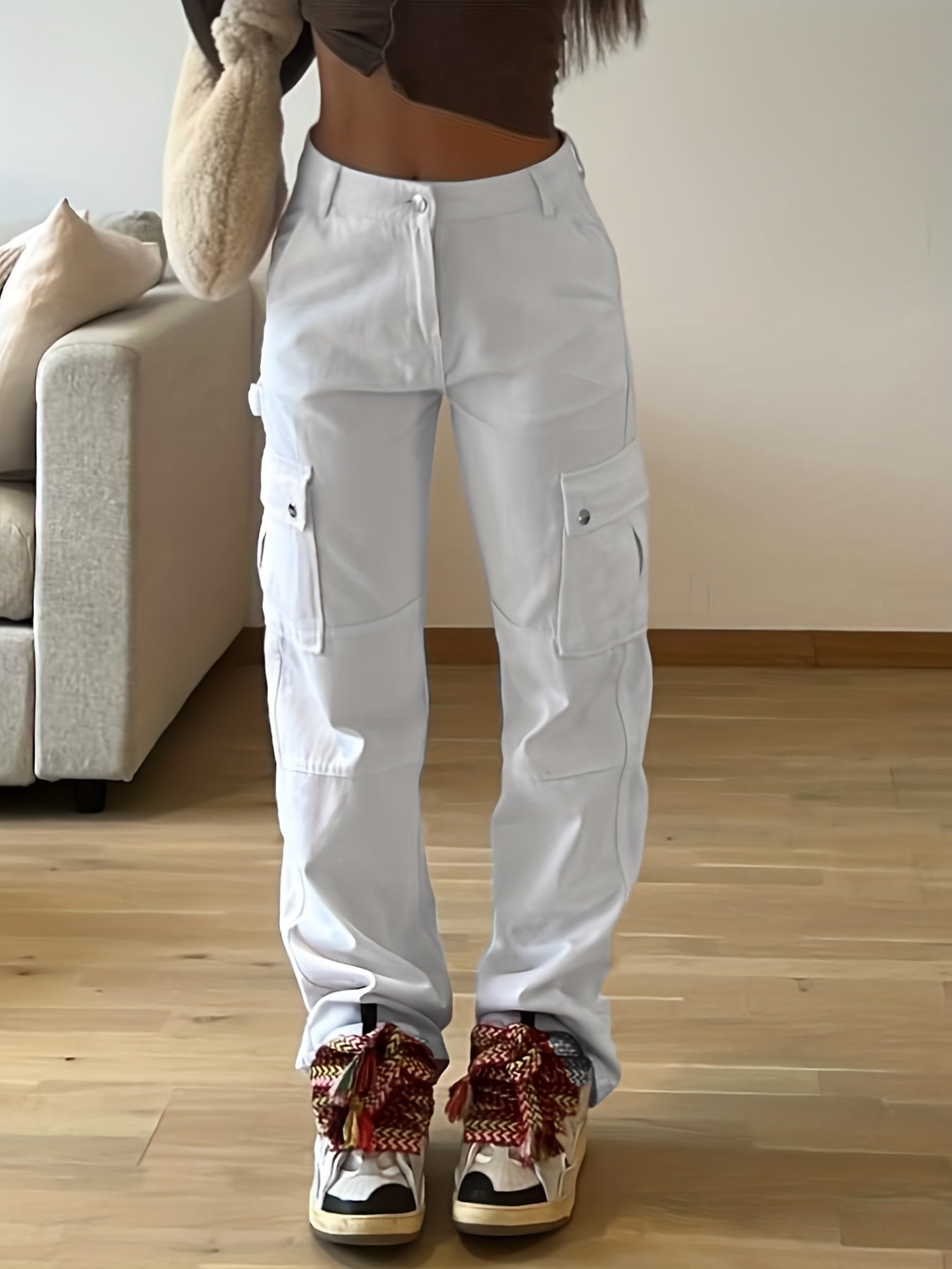 Loose Straight Cargo Pants, Casual Y2K Pocket High Waist Solid Fashion Comfy Slim Pants, Women's Clothing
