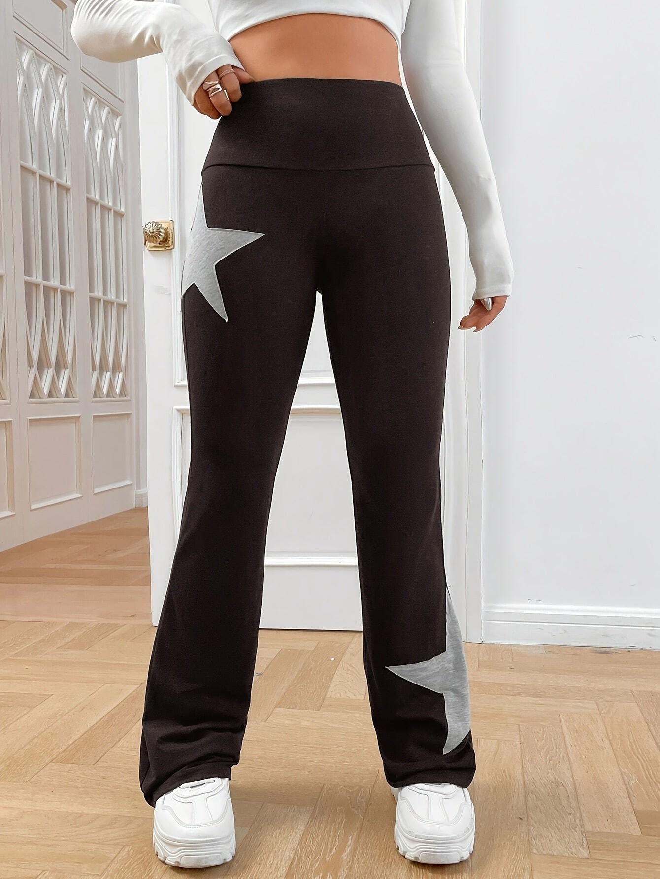 Star Pattern Flare Leg Pants, Casual High Waist Slim Pants, Women's Clothing