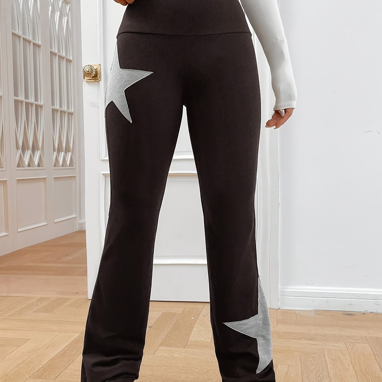 Star Pattern Flare Leg Pants, Casual High Waist Slim Pants, Women's Clothing